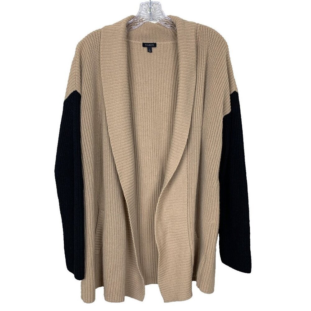 Talbots Womens L Cardigan‎ Sweater Camel Black Colorblock Lambswool Minimalist